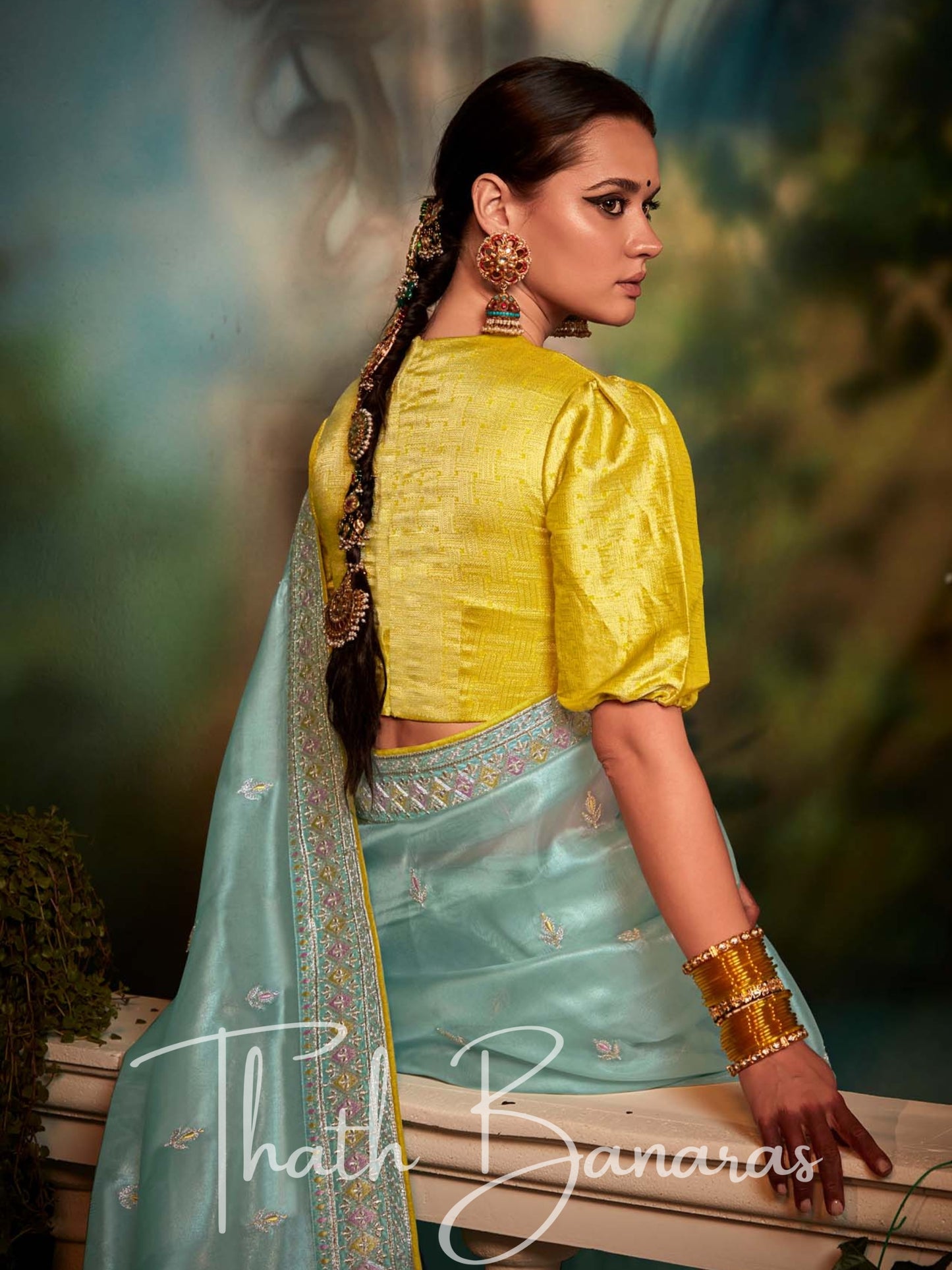 Light Cyan Fancy Fabric With Stitched Border with Designer Embroidery Worked Blouse