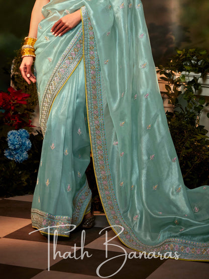 Light Cyan Fancy Fabric With Stitched Border with Designer Embroidery Worked Blouse