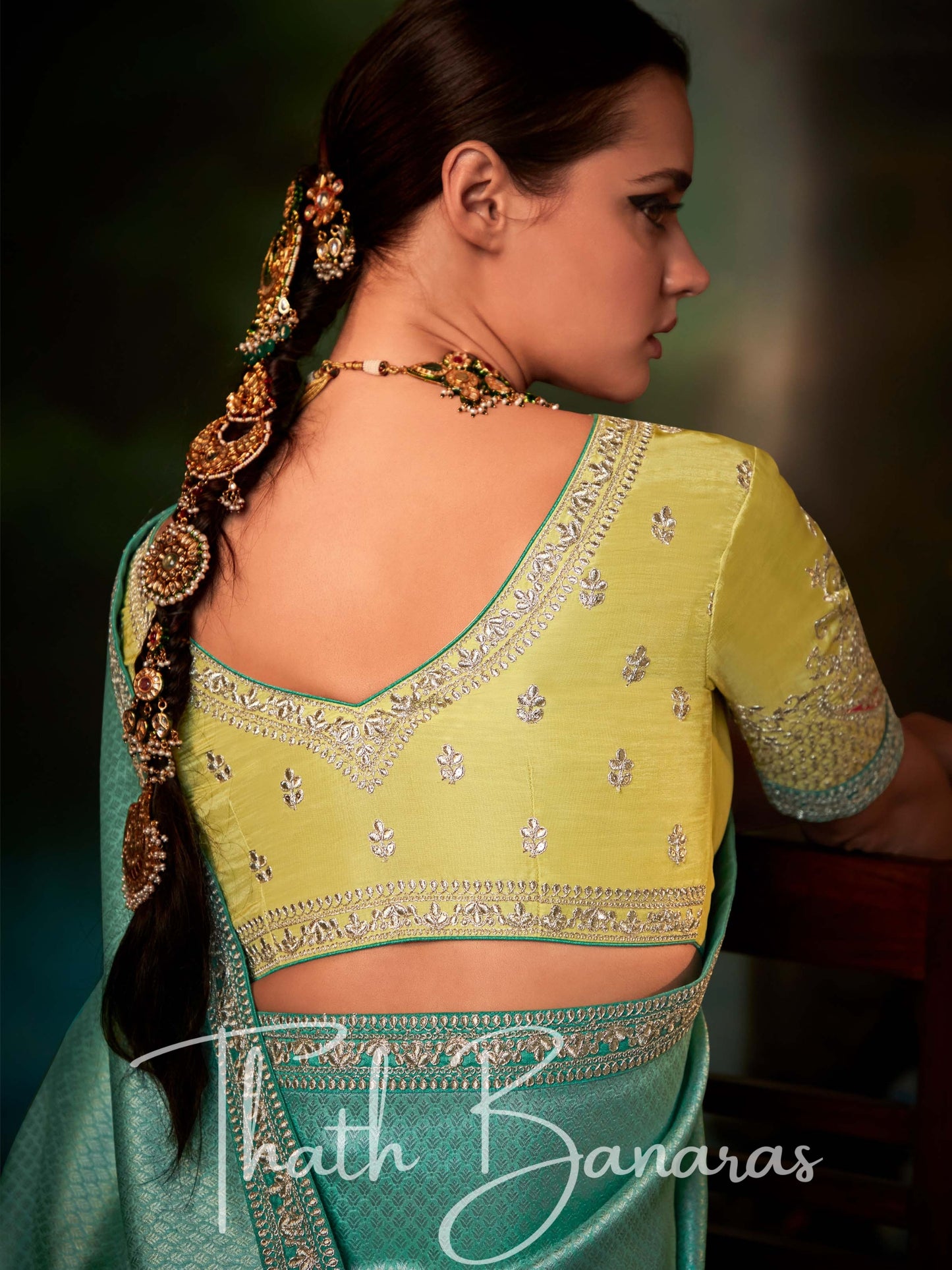 Green and Yellow Fancy Fabric With Stitched Border with Designer Embroidery Worked Blouse