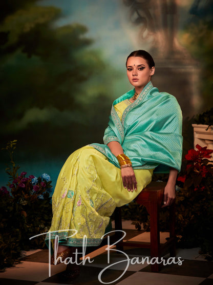 Green and Yellow Fancy Fabric With Stitched Border with Designer Embroidery Worked Blouse