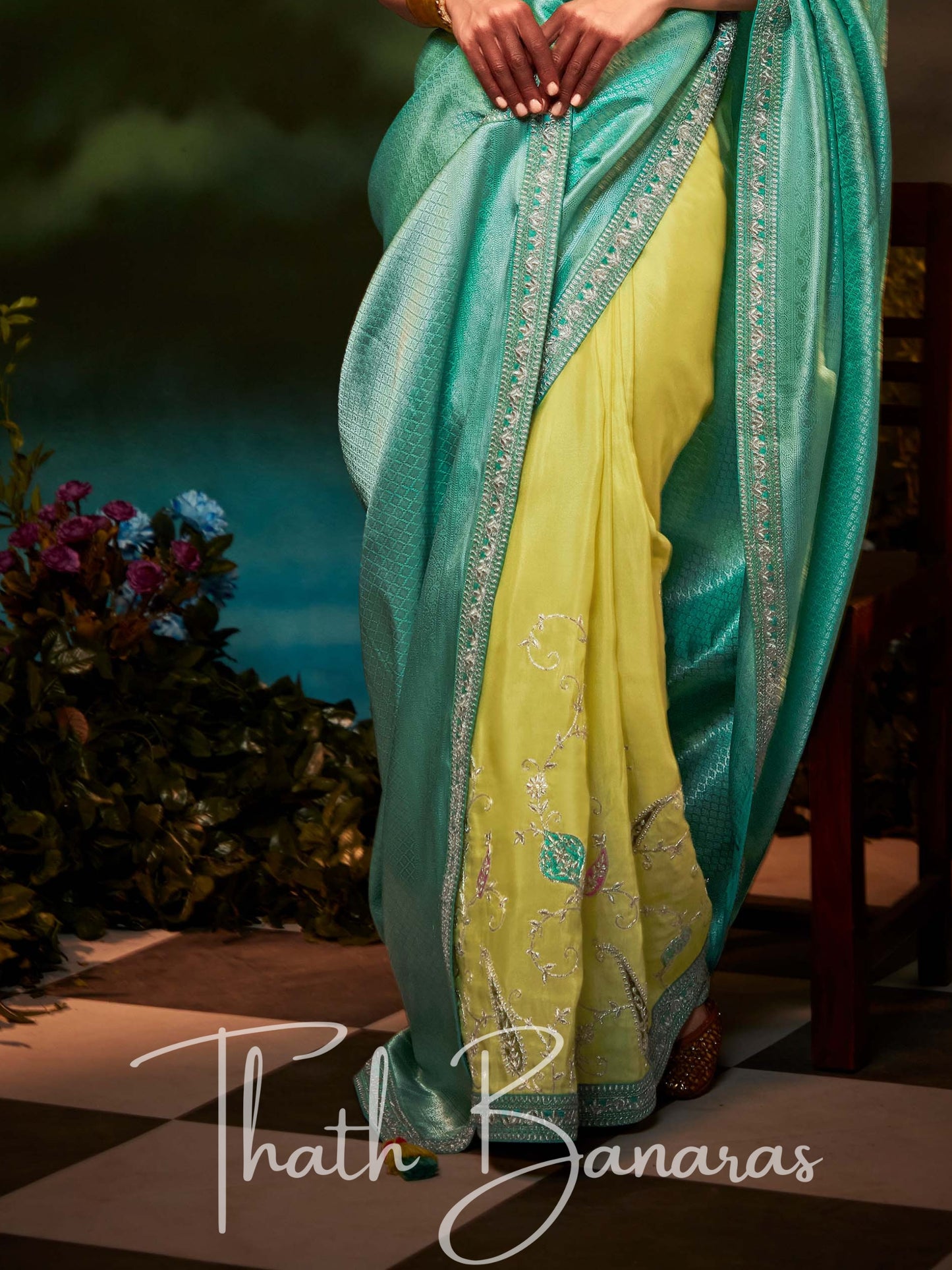 Green and Yellow Fancy Fabric With Stitched Border with Designer Embroidery Worked Blouse