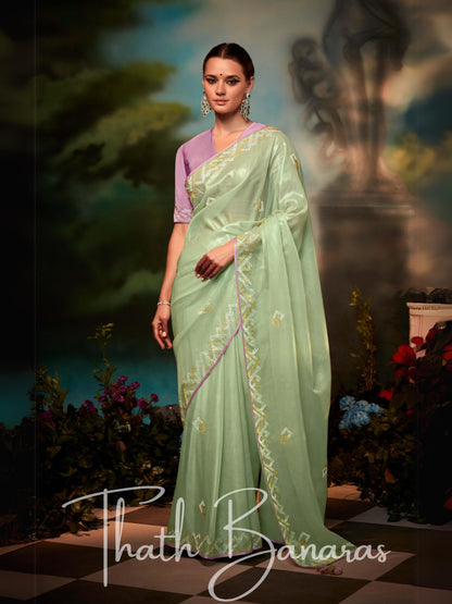 Sea Green Fancy Fabric With Stitched Border with Designer Embroidery Worked Blouse