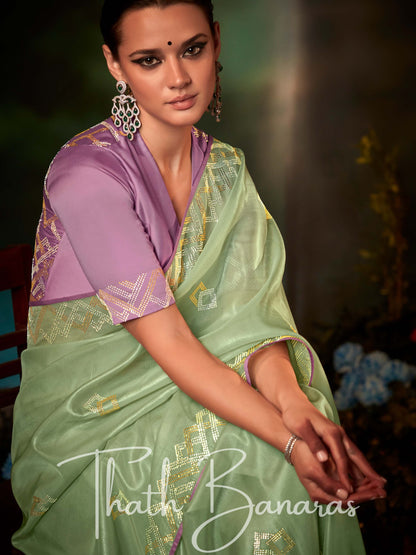 Sea Green Fancy Fabric With Stitched Border with Designer Embroidery Worked Blouse