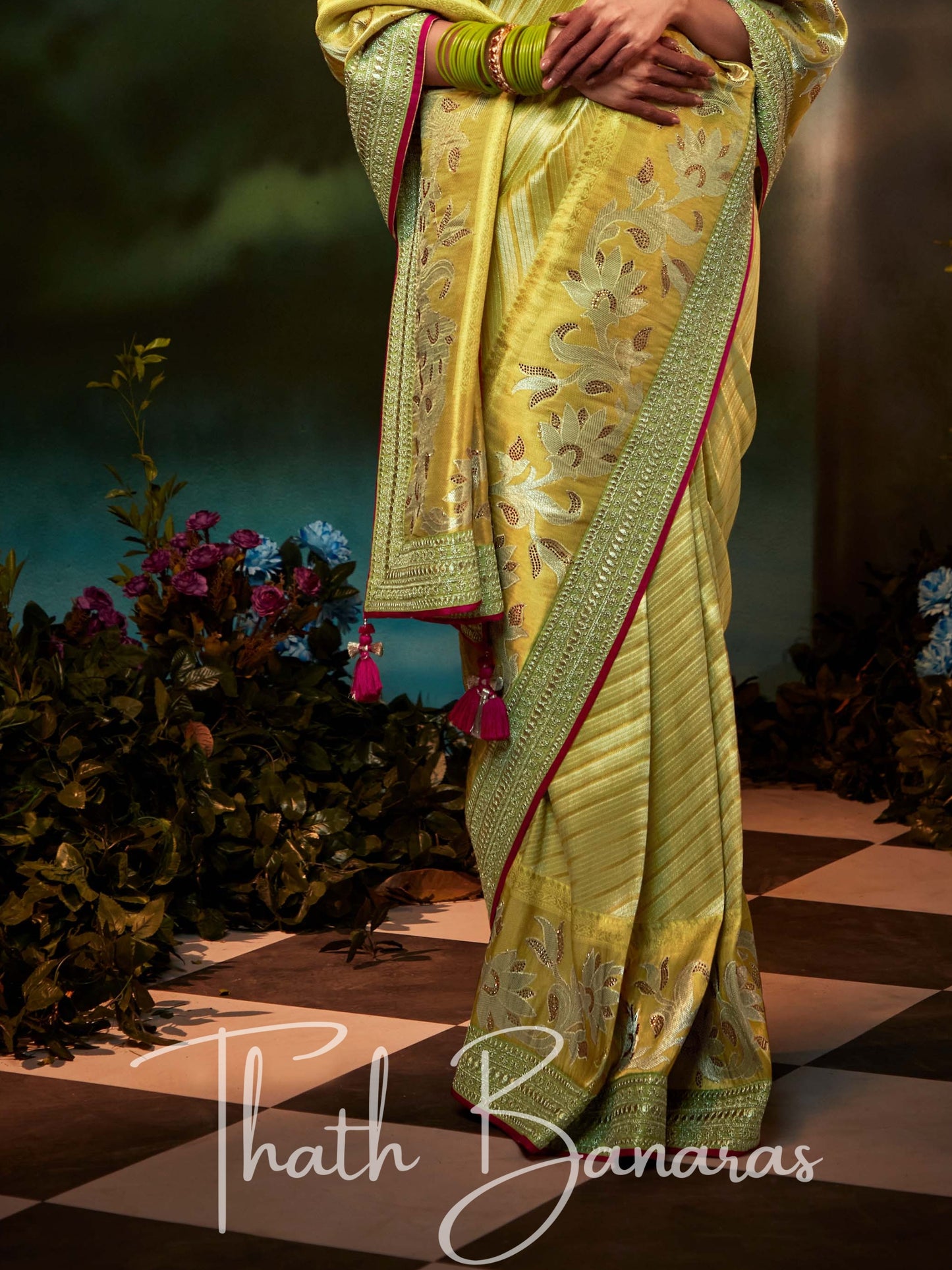 Tacha Yellow Fancy Fabric With Stitched Border with Designer Embroidery Worked Blouse