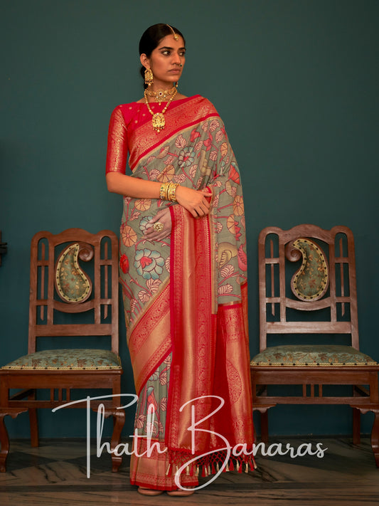 Red Soft Tusser Silk Digitle Printed Kalamkari Saree with Woven Border & Contrast Blouse