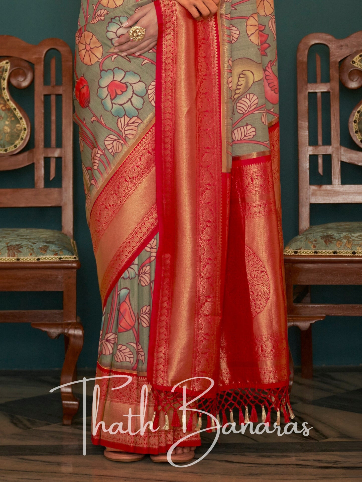 Red Soft Tusser Silk Digitle Printed Kalamkari Saree with Woven Border & Contrast Blouse