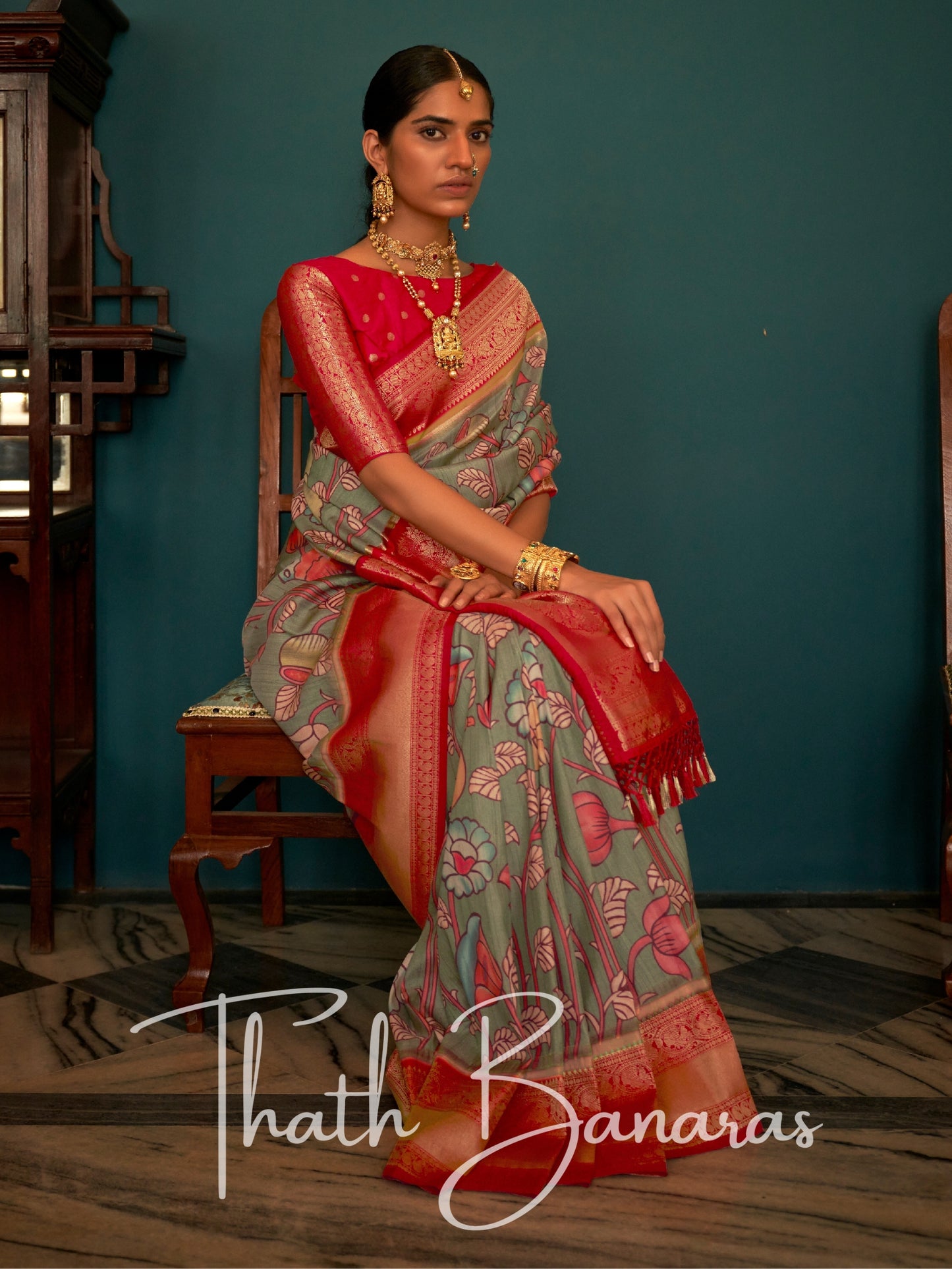 Red Soft Tusser Silk Digitle Printed Kalamkari Saree with Woven Border & Contrast Blouse