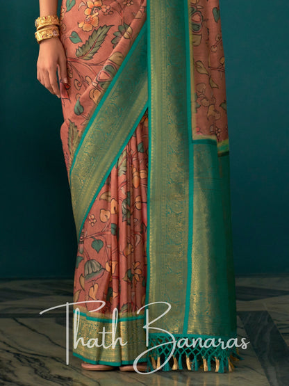 Almond Pink Soft Tusser Silk Digitle Printed Kalamkari Saree with Woven Border & Contrast Blouse