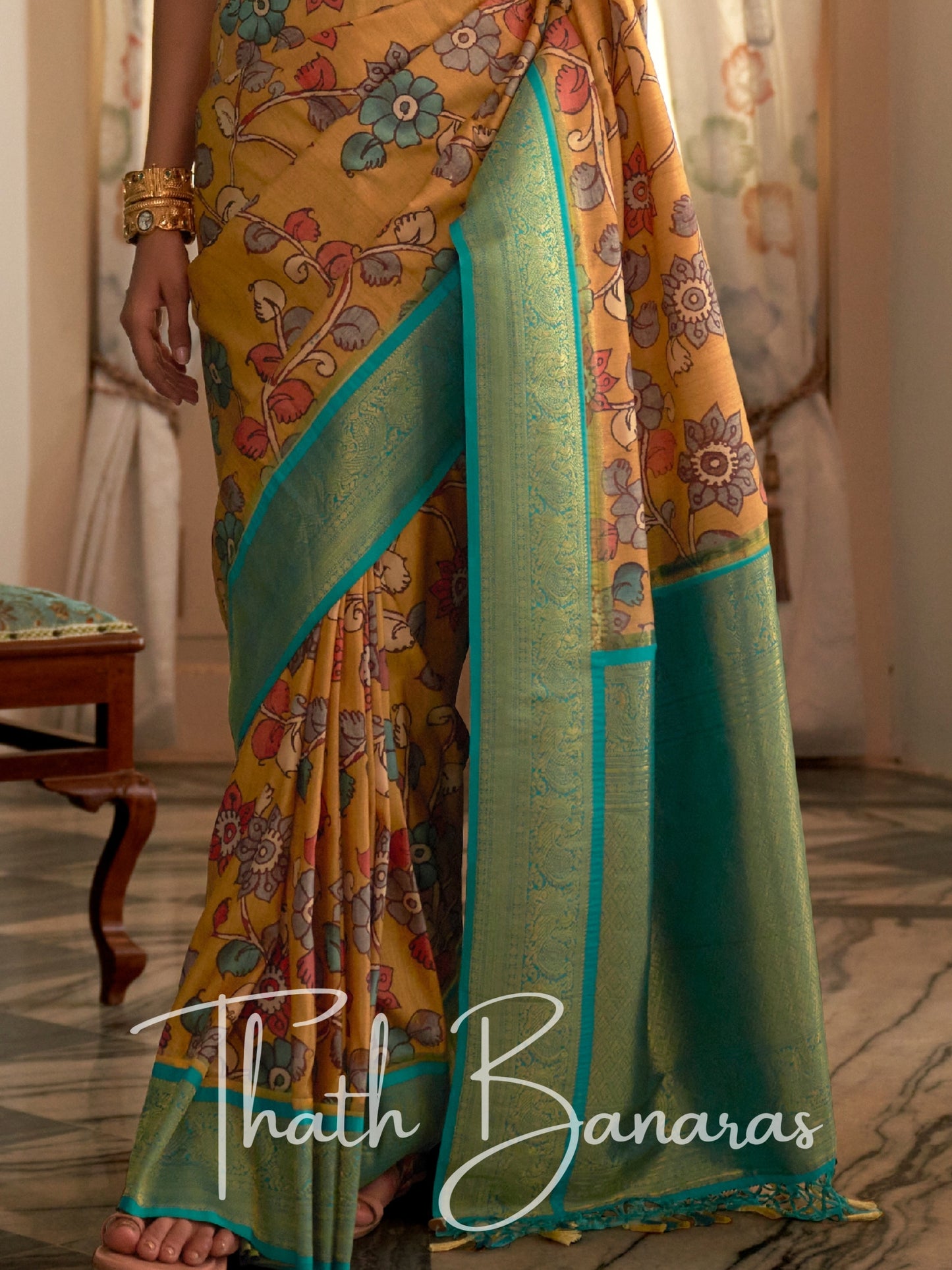 Yellow Soft Tusser Silk Digitle Printed Kalamkari Saree with Rama Woven Border & Contrast Blouse