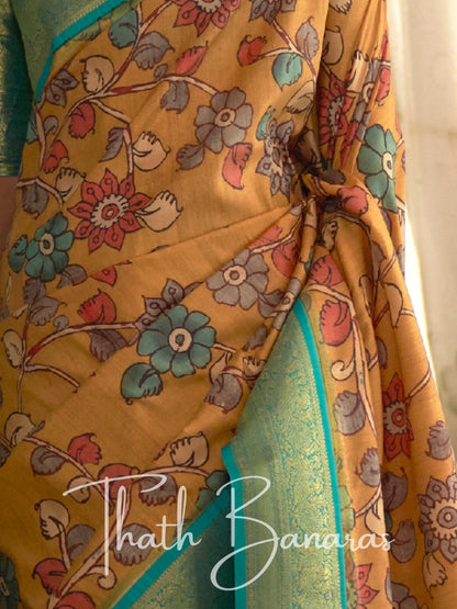 Yellow Soft Tusser Silk Digitle Printed Kalamkari Saree with Rama Woven Border & Contrast Blouse