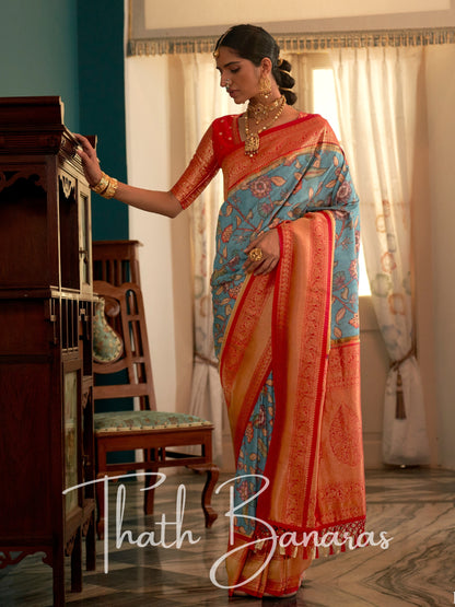 Sky Blue Soft Tusser Silk Digitle Printed Kalamkari Saree with Woven Border & Contrast Blouse