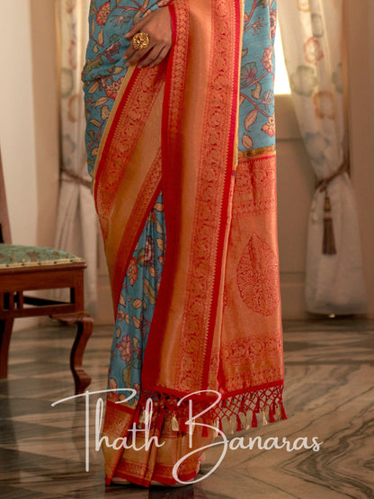 Sky Blue Soft Tusser Silk Digitle Printed Kalamkari Saree with Woven Border & Contrast Blouse