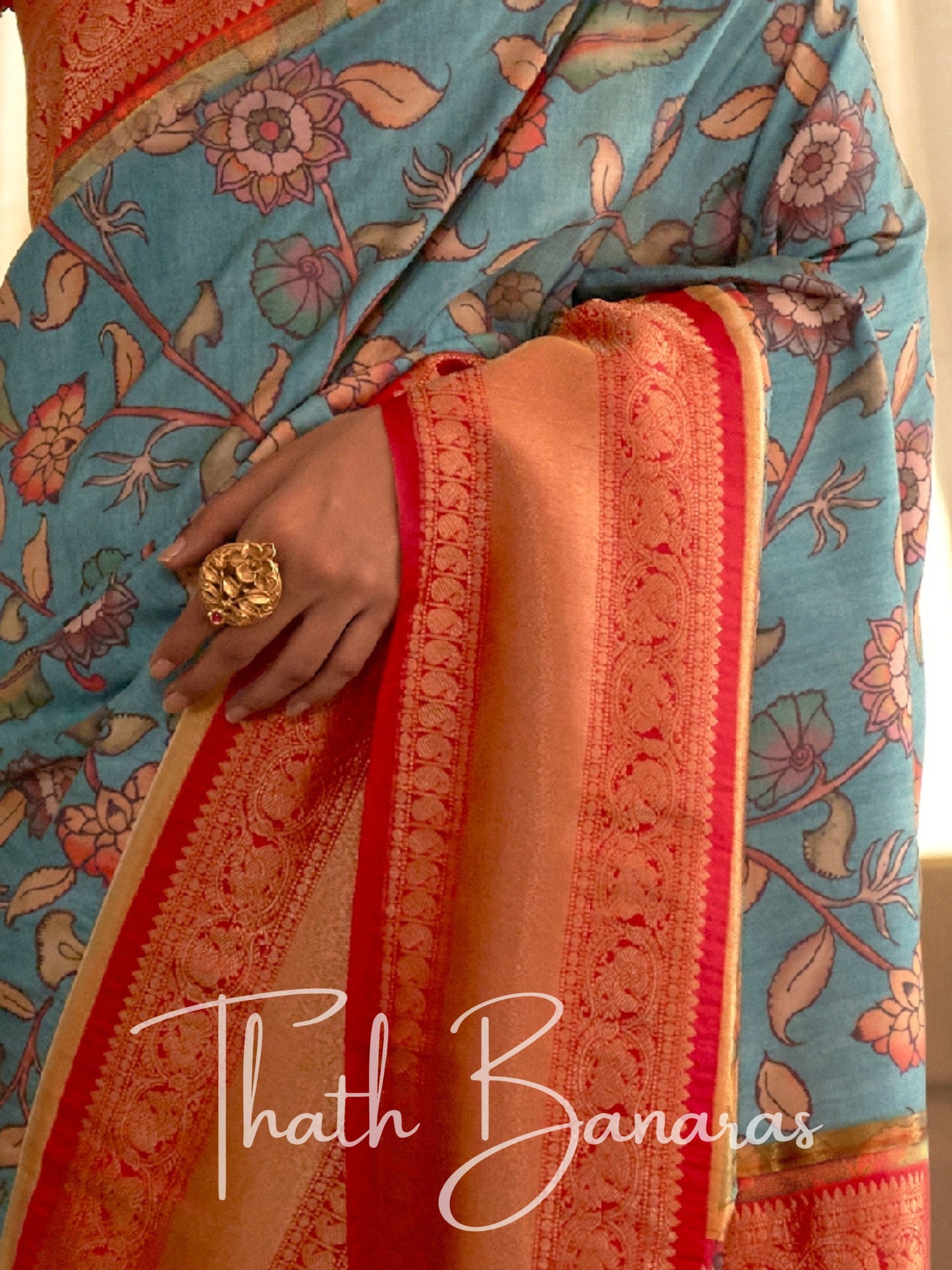 Sky Blue Soft Tusser Silk Digitle Printed Kalamkari Saree with Woven Border & Contrast Blouse