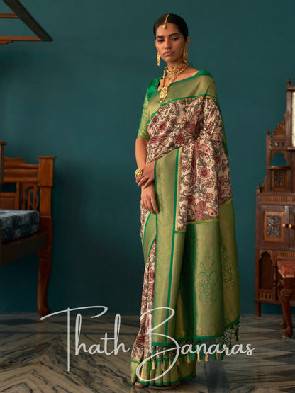 Off White Soft Tusser Silk Digitle Printed Kalamkari Saree with Green Woven Border & Contrast Blouse