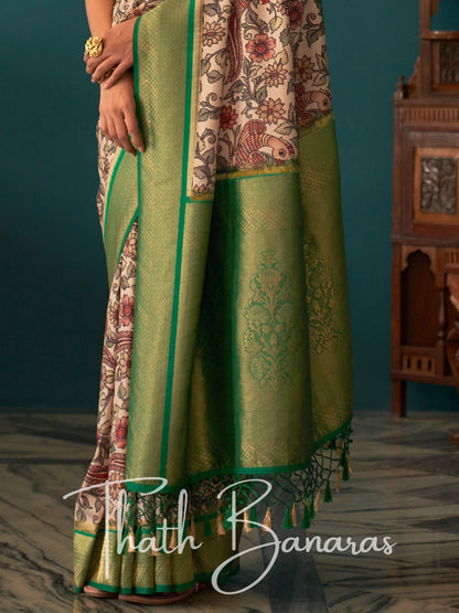 Off White Soft Tusser Silk Digitle Printed Kalamkari Saree with Green Woven Border & Contrast Blouse