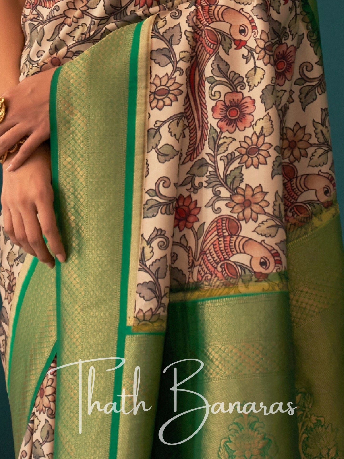 Off White Soft Tusser Silk Digitle Printed Kalamkari Saree with Green Woven Border & Contrast Blouse