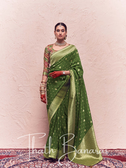 Olive Green Pure Crepe Zari Weaving Dola Silk With Tussales & Zari Weaving Blouse