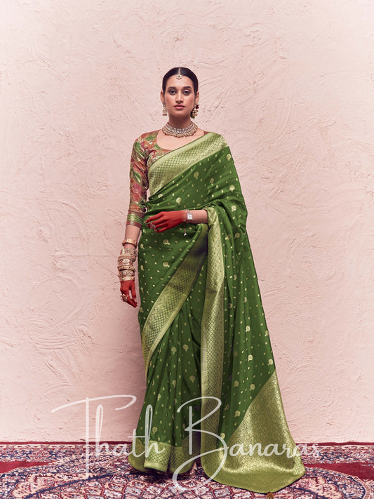 Olive Green Pure Crepe Zari Weaving Dola Silk With Tussales & Zari Weaving Blouse