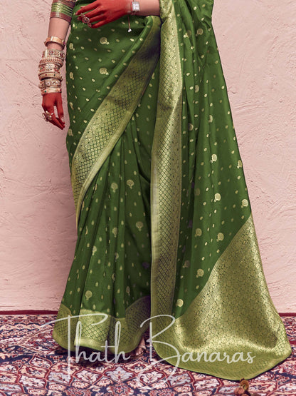 Olive Green Pure Crepe Zari Weaving Dola Silk With Tussales & Zari Weaving Blouse