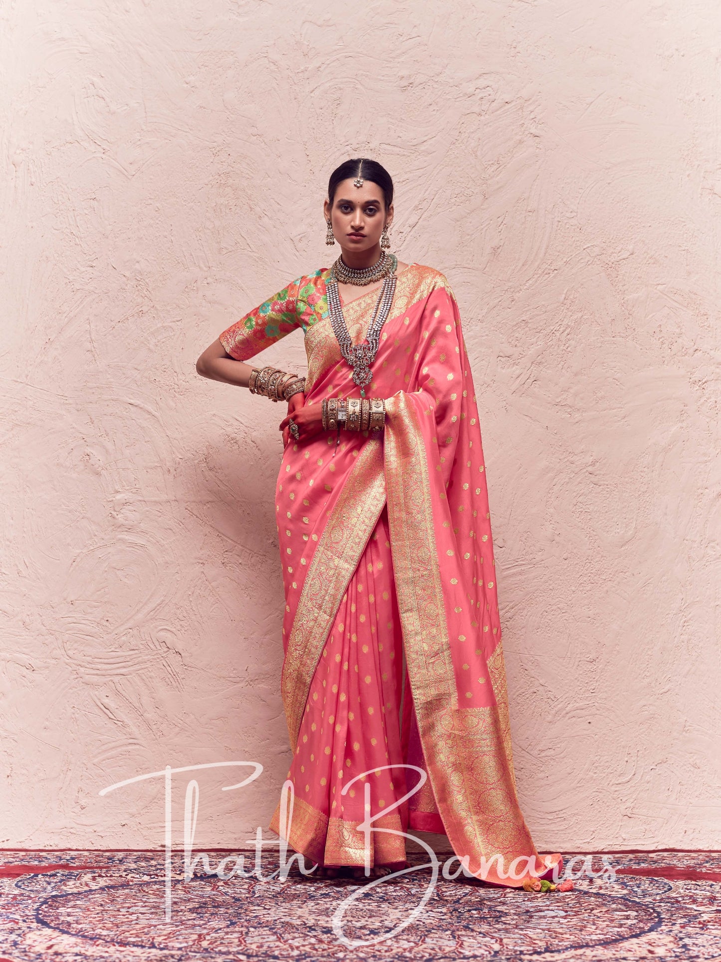 Taffy Pink  Pure Crepe Zari Weaving Dola Silk With Tussales & Zari Weaving Blouse