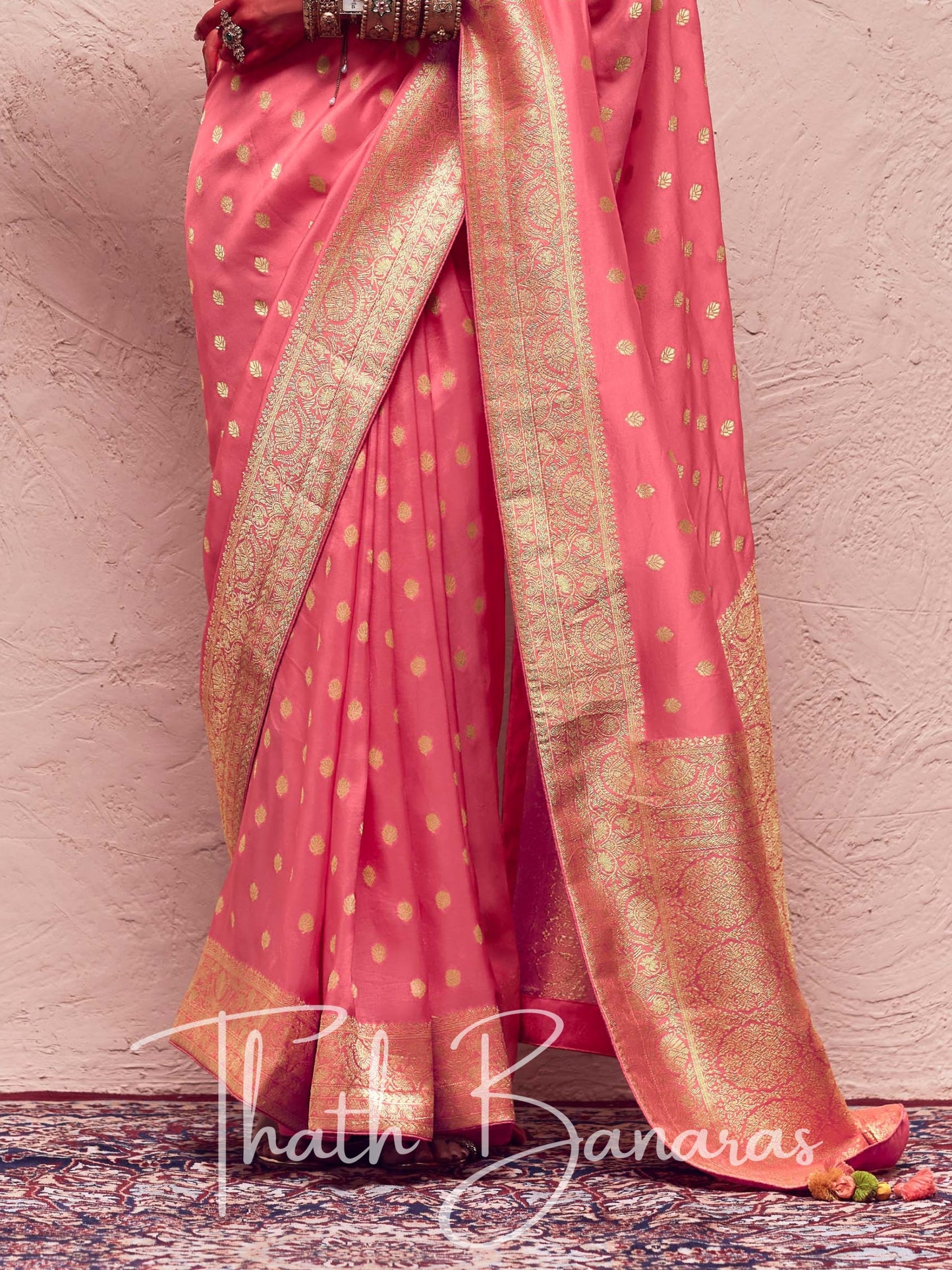 Taffy Pink  Pure Crepe Zari Weaving Dola Silk With Tussales & Zari Weaving Blouse