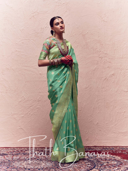 Sea Green Pure Crepe Zari Weaving Dola Silk With Tussales & Zari Weaving Blouse