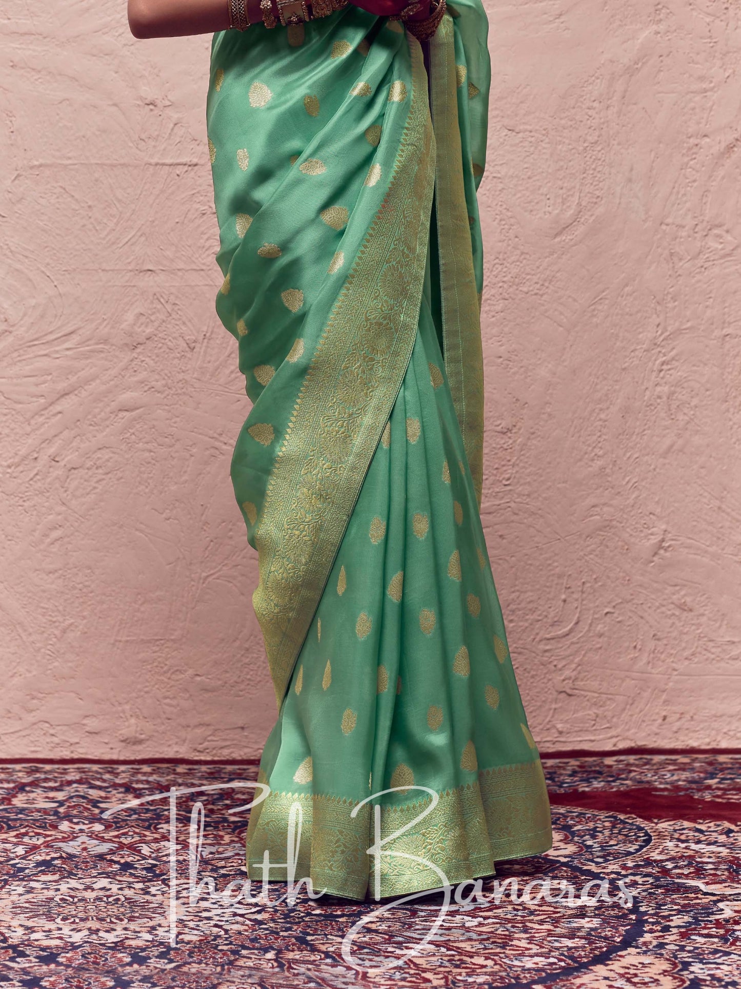 Sea Green Pure Crepe Zari Weaving Dola Silk With Tussales & Zari Weaving Blouse