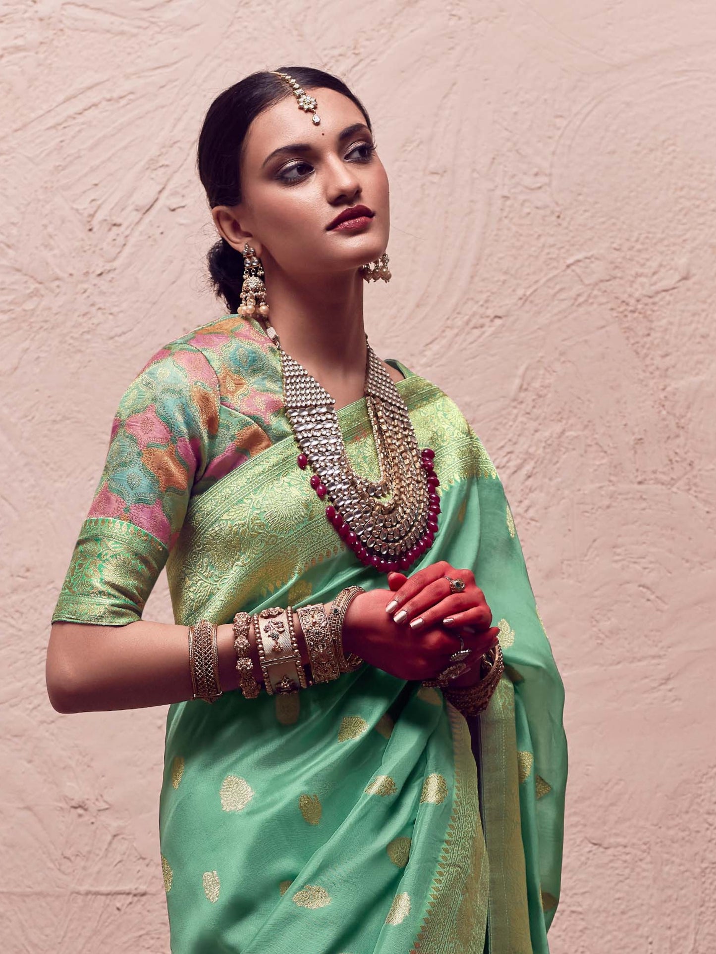 Sea Green Pure Crepe Zari Weaving Dola Silk With Tussales & Zari Weaving Blouse