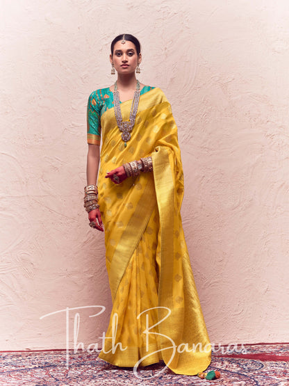 Orche Yellow Pure Crepe Zari Weaving Dola Silk With Tussales & Zari Weaving Blouse