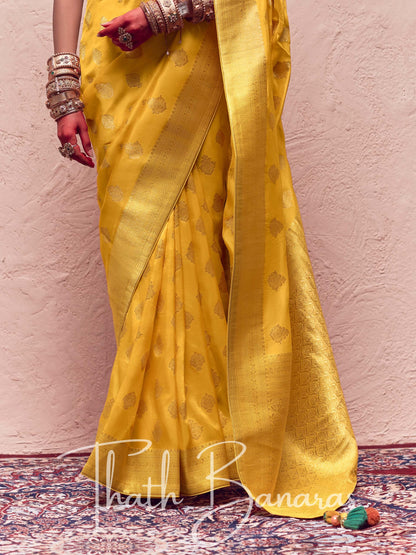 Orche Yellow Pure Crepe Zari Weaving Dola Silk With Tussales & Zari Weaving Blouse