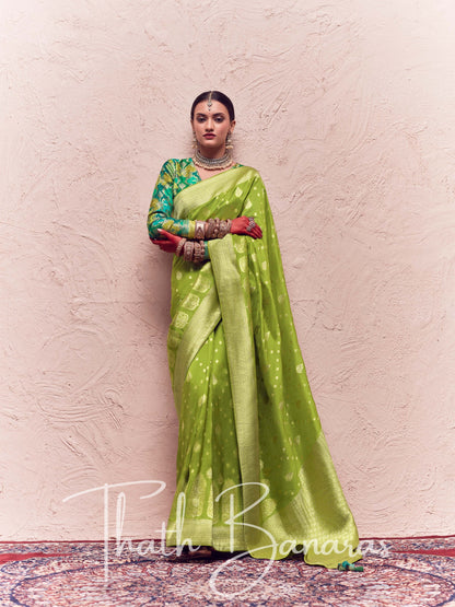 Lime Green Pure Crepe Zari Weaving Dola Silk With Tussales & Zari Weaving Blouse