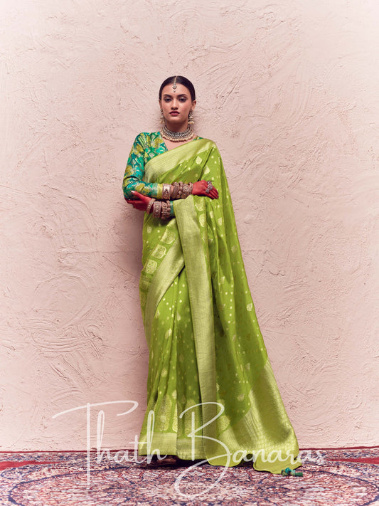 Lime Green Pure Crepe Zari Weaving Dola Silk With Tussales & Zari Weaving Blouse