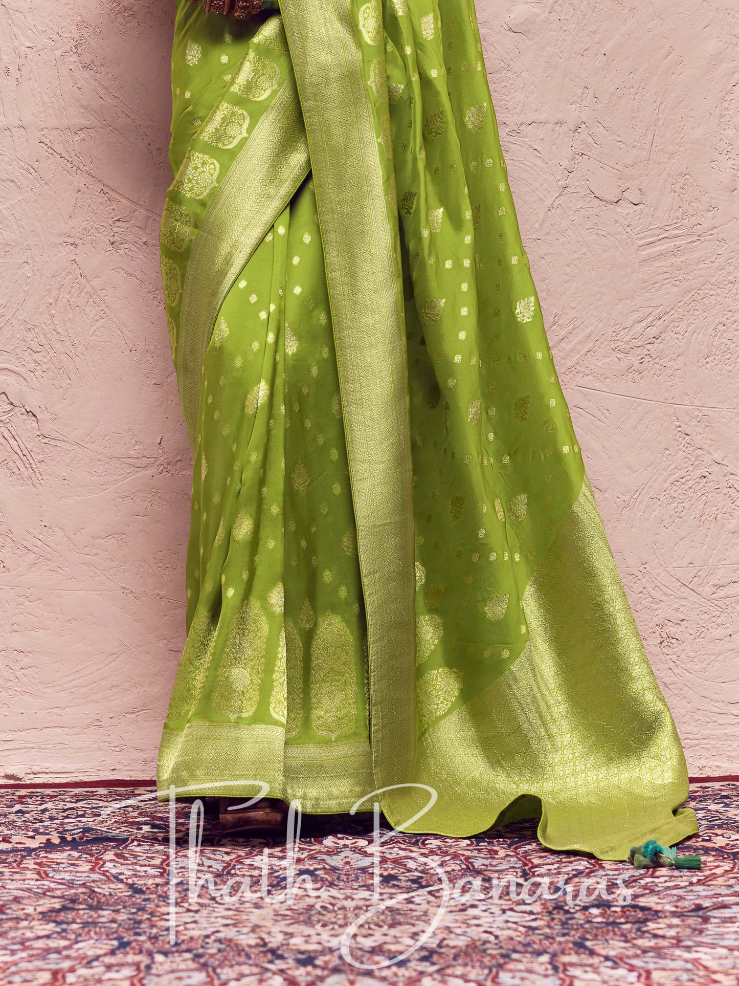 Lime Green Pure Crepe Zari Weaving Dola Silk With Tussales & Zari Weaving Blouse