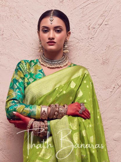 Lime Green Pure Crepe Zari Weaving Dola Silk With Tussales & Zari Weaving Blouse