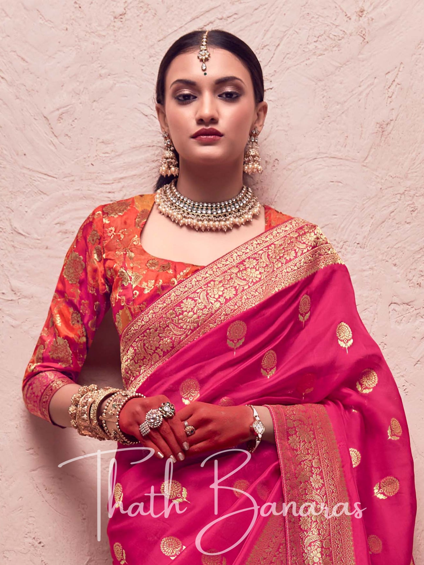 Magenta Pink Pure Crepe Zari Weaving Dola Silk With Tussales & Zari Weaving Blouse