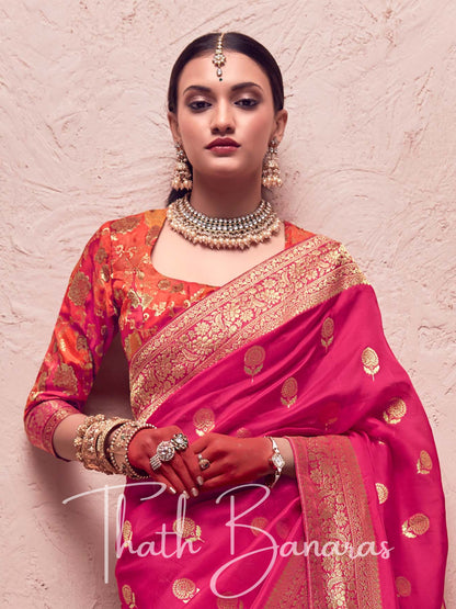 Magenta Pink Pure Crepe Zari Weaving Dola Silk With Tussales & Zari Weaving Blouse