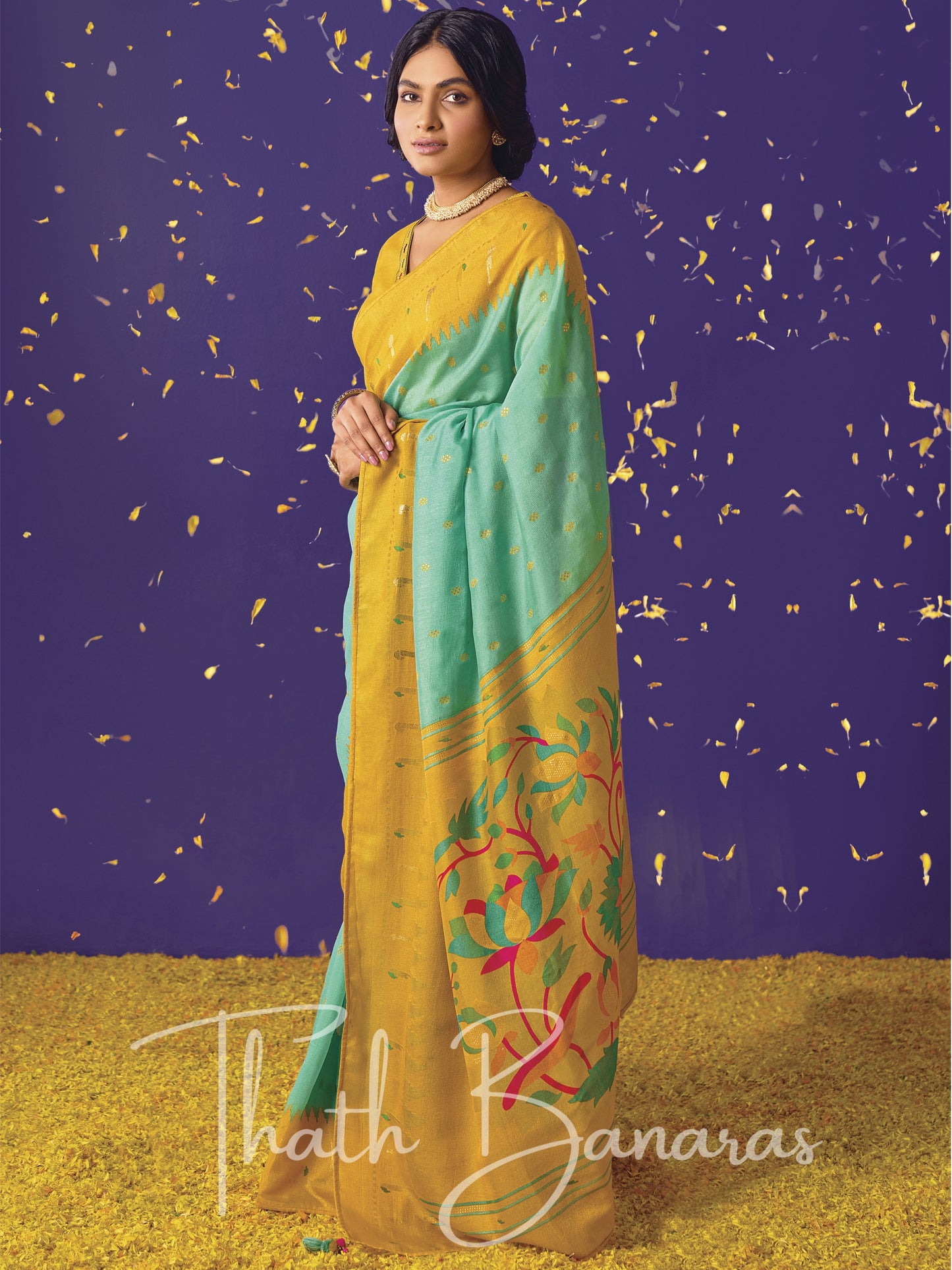 Blue and yellow Paithani saree with designer blouse