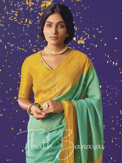 Blue and yellow Paithani saree with designer blouse