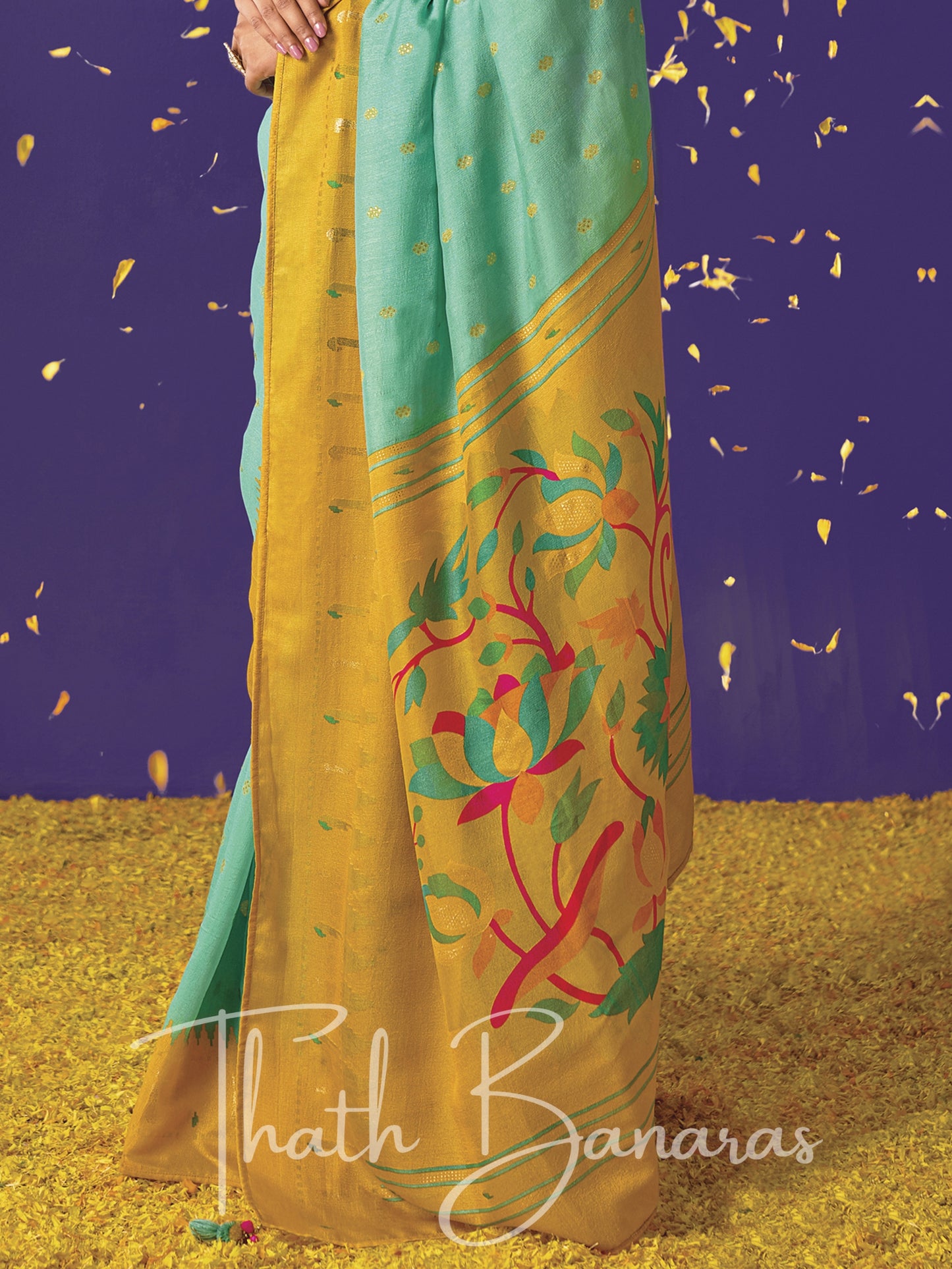 Blue and yellow Paithani saree with designer blouse