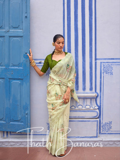 Grass Green Soft Tissue Silk With Embroidery Thread Work Sequence & Digital Print