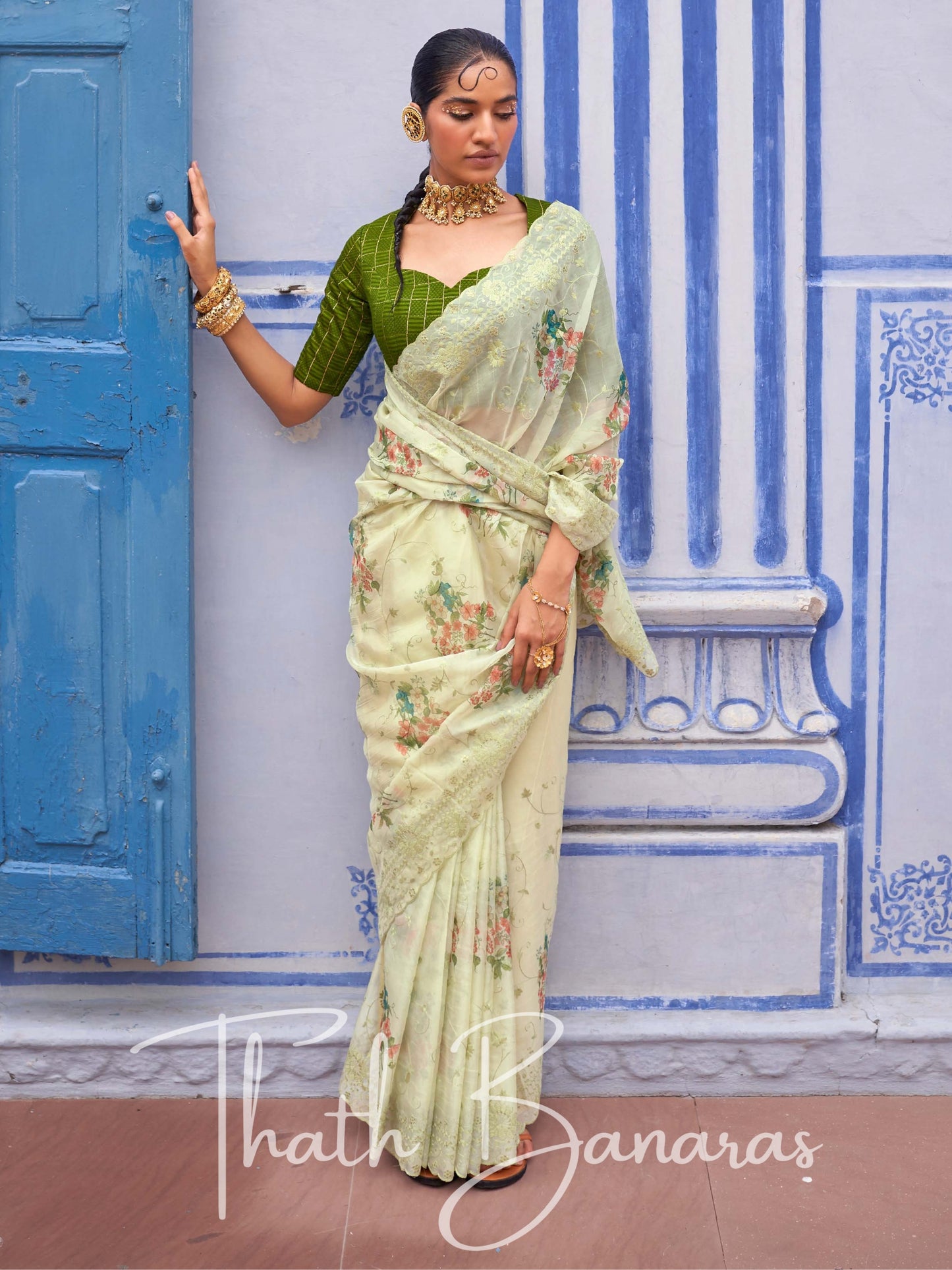 Grass Green Soft Tissue Silk With Embroidery Thread Work Sequence & Digital Print