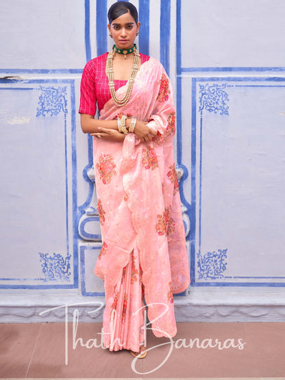 Taffy Pink Soft Tissue Silk With Embroidery Thread Work Sequence & Digital Print