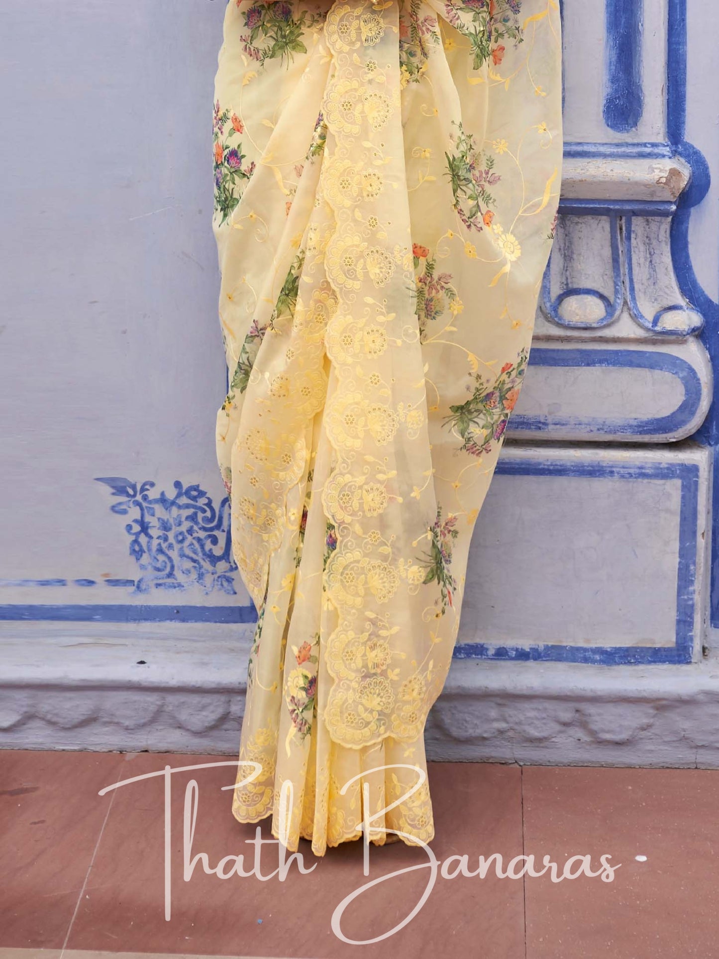 Mellow Yellow Soft Tissue Silk With Embroidery Thread Work Sequence & Digital Print