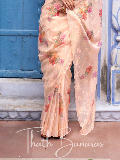 Peach Soft Tissue Silk With Embroidery Thread Work Sequence & Digital Print