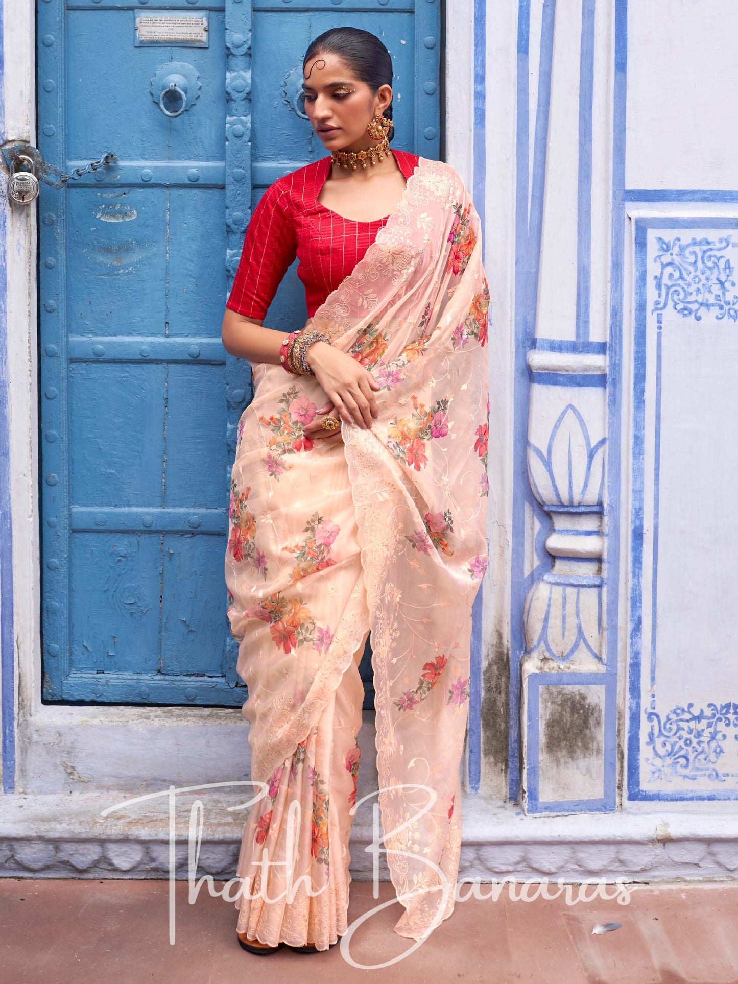 Peach Soft Tissue Silk With Embroidery Thread Work Sequence & Digital Print