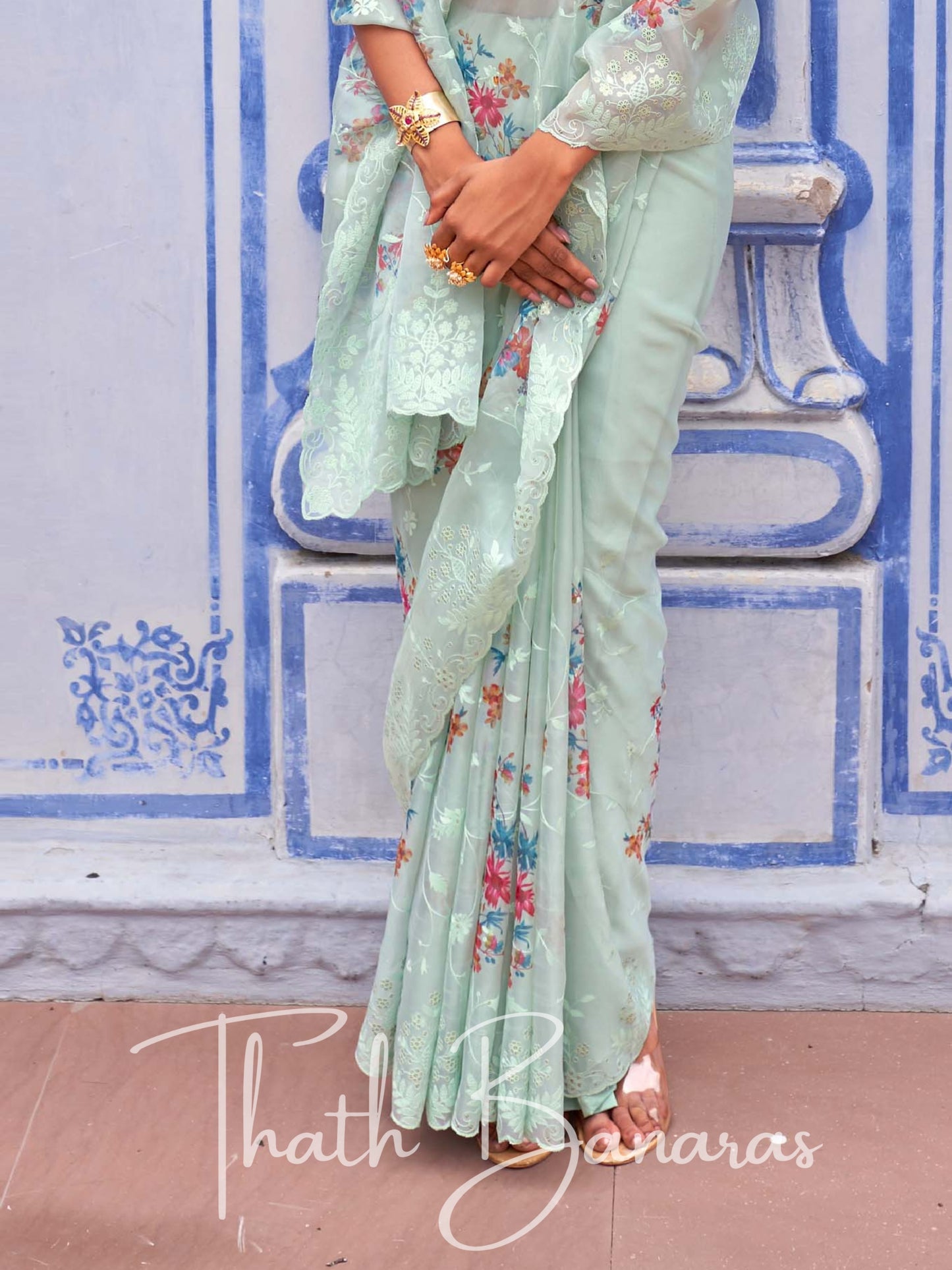 Mint Blue Soft Tissue Silk With Embroidery Thread Work Sequence & Digital Print