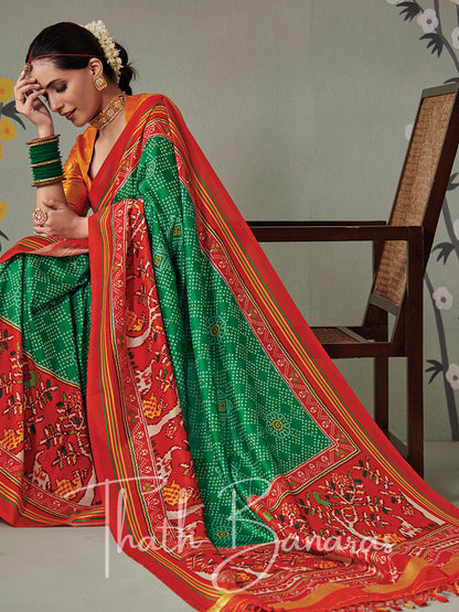 Green and red Soft Tusser Silk Patola