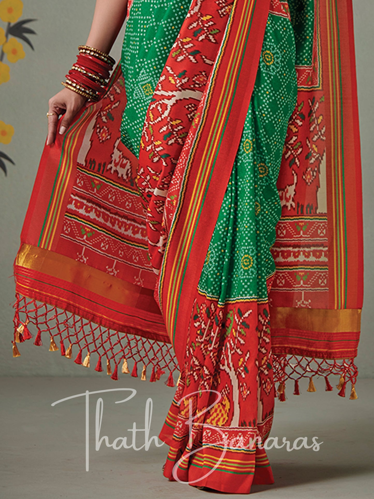 Green and red Soft Tusser Silk Patola