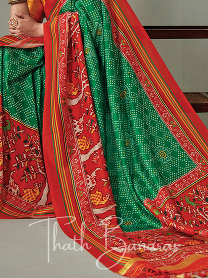 Green and red Soft Tusser Silk Patola