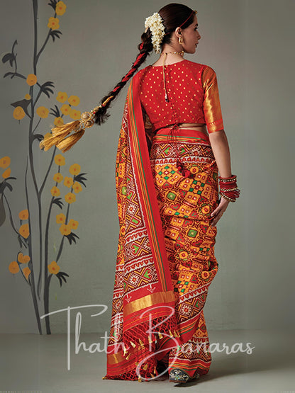 Red and yellow Soft Tusser Silk Patola